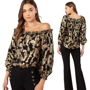 HALE BOB Viola Top Off Shoulder Black & Metallic Gold Floral Blouse  Size XS